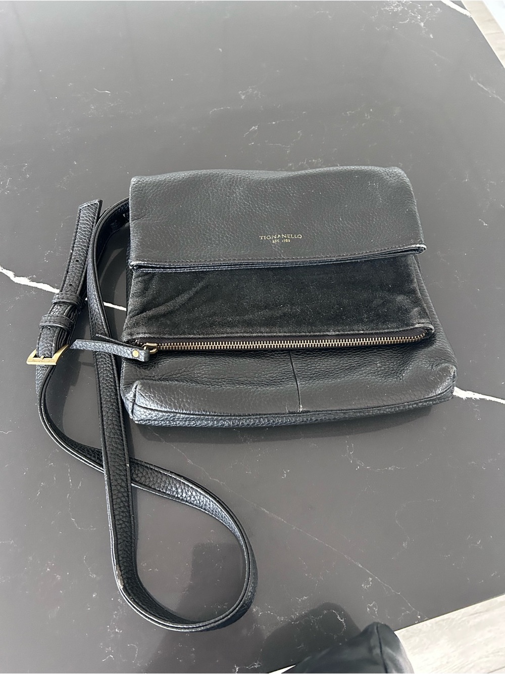 Tignanello Black Leather & Suede Satchel Crossbody Bag Boho Luxe Tote Purse